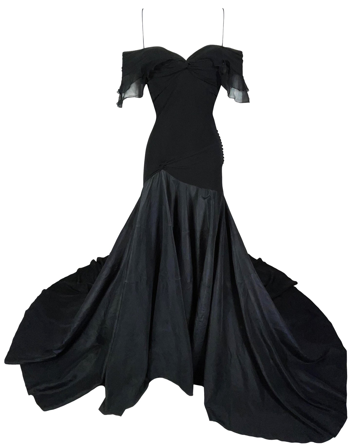S/S 2004 Christian Dior by John Galliano Black Silk Off Shoulder Goth Princess Gown Dress w Train