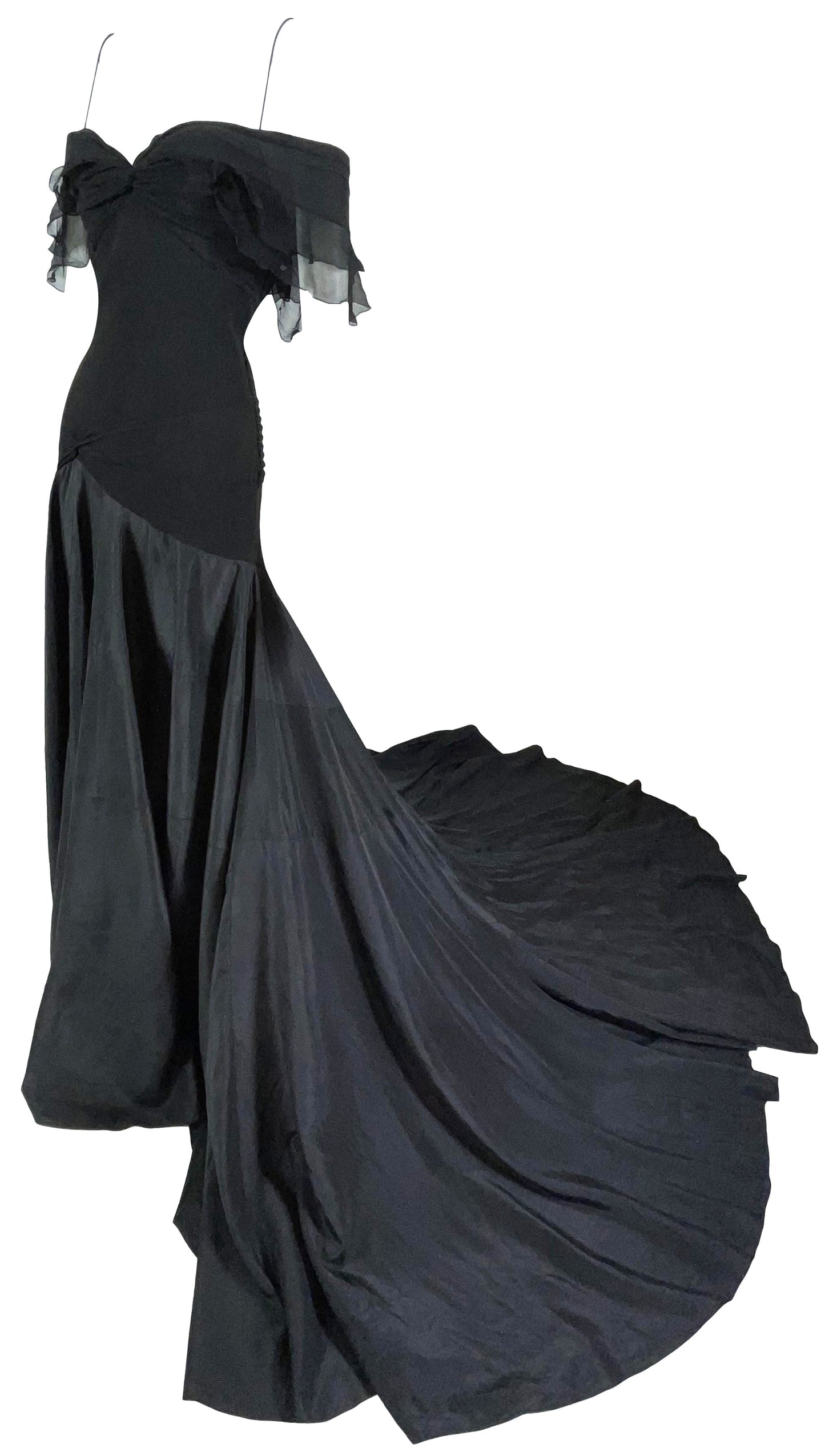 S/S 2004 Christian Dior by John Galliano Black Silk Off Shoulder Goth Princess Gown Dress w Train