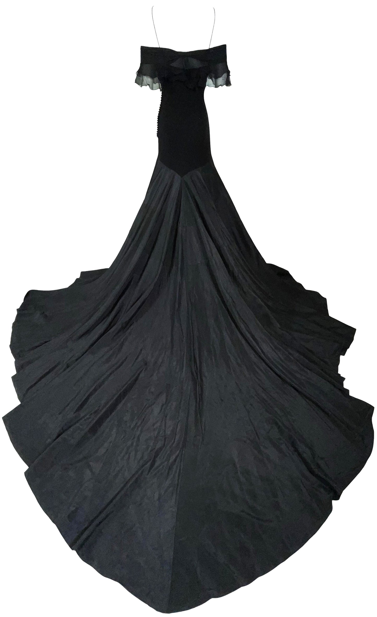 S/S 2004 Christian Dior by John Galliano Black Silk Off Shoulder Goth Princess Gown Dress w Train