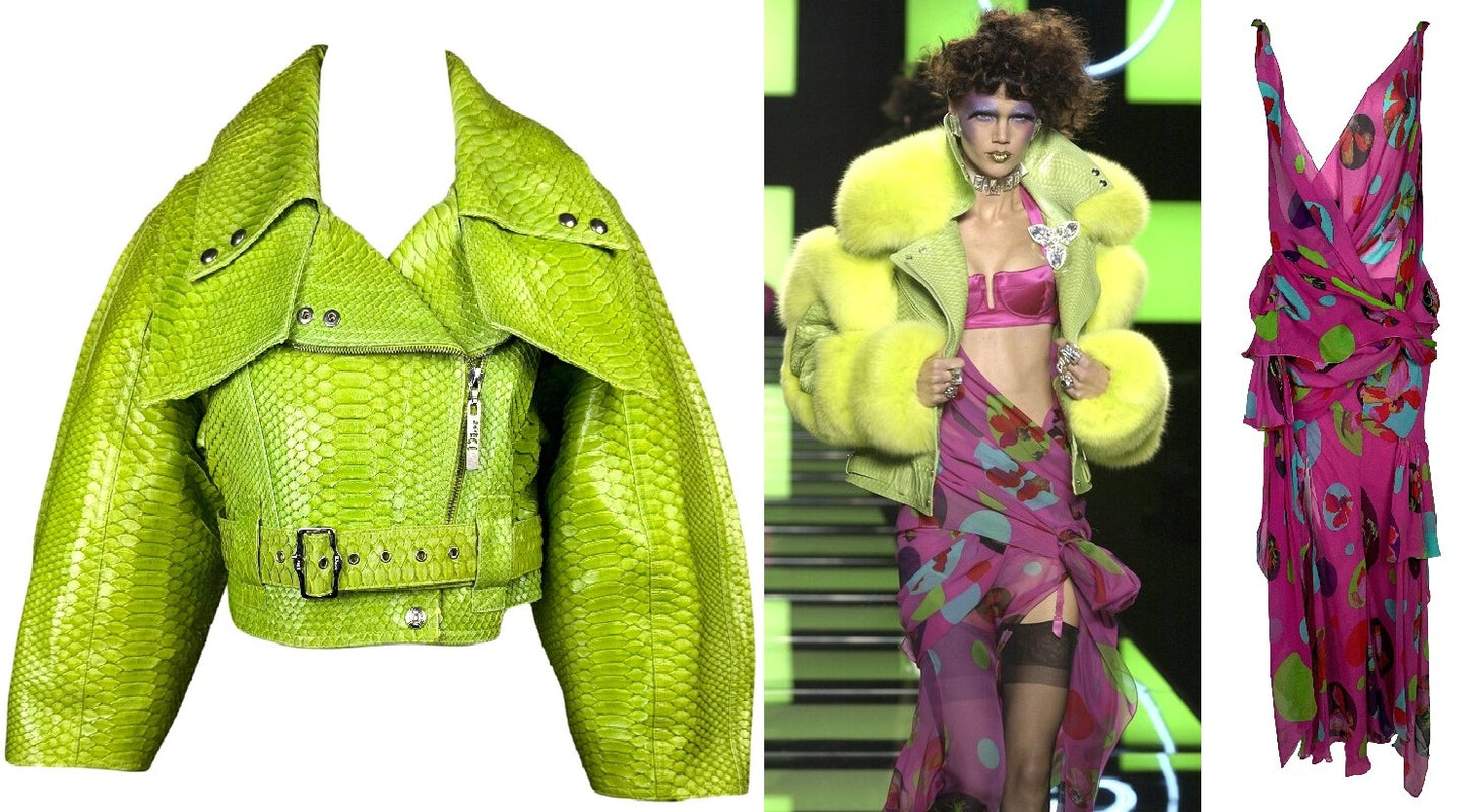 S/S 2004 Christian Dior x John Galliano Neon Green Python Snakeskin Cropped Biker Jacket