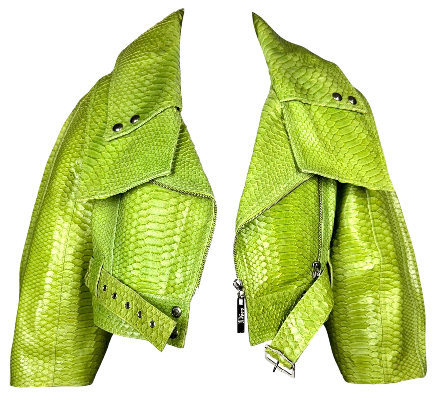 S/S 2004 Christian Dior x John Galliano Neon Green Python Snakeskin Cropped Biker Jacket