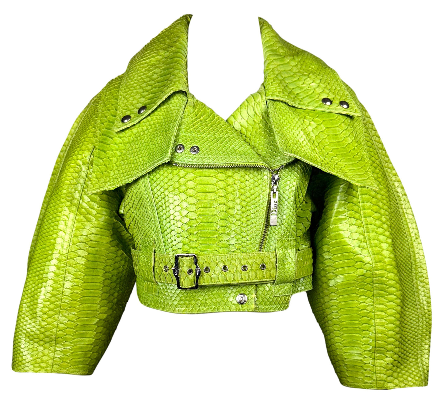 S/S 2004 Christian Dior x John Galliano Neon Green Python Snakeskin Cropped Biker Jacket