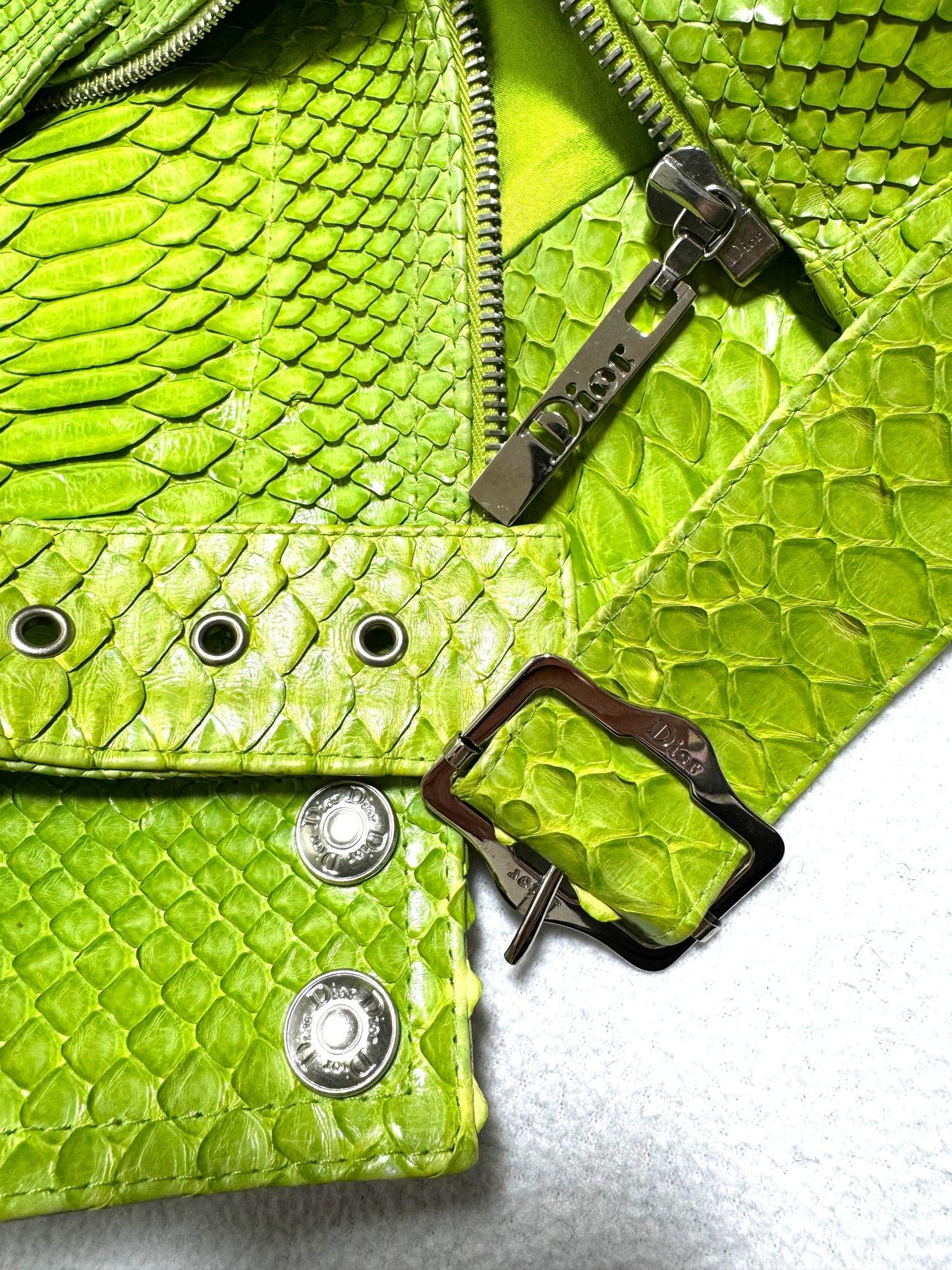 S/S 2004 Christian Dior x John Galliano Neon Green Python Snakeskin Cropped Biker Jacket
