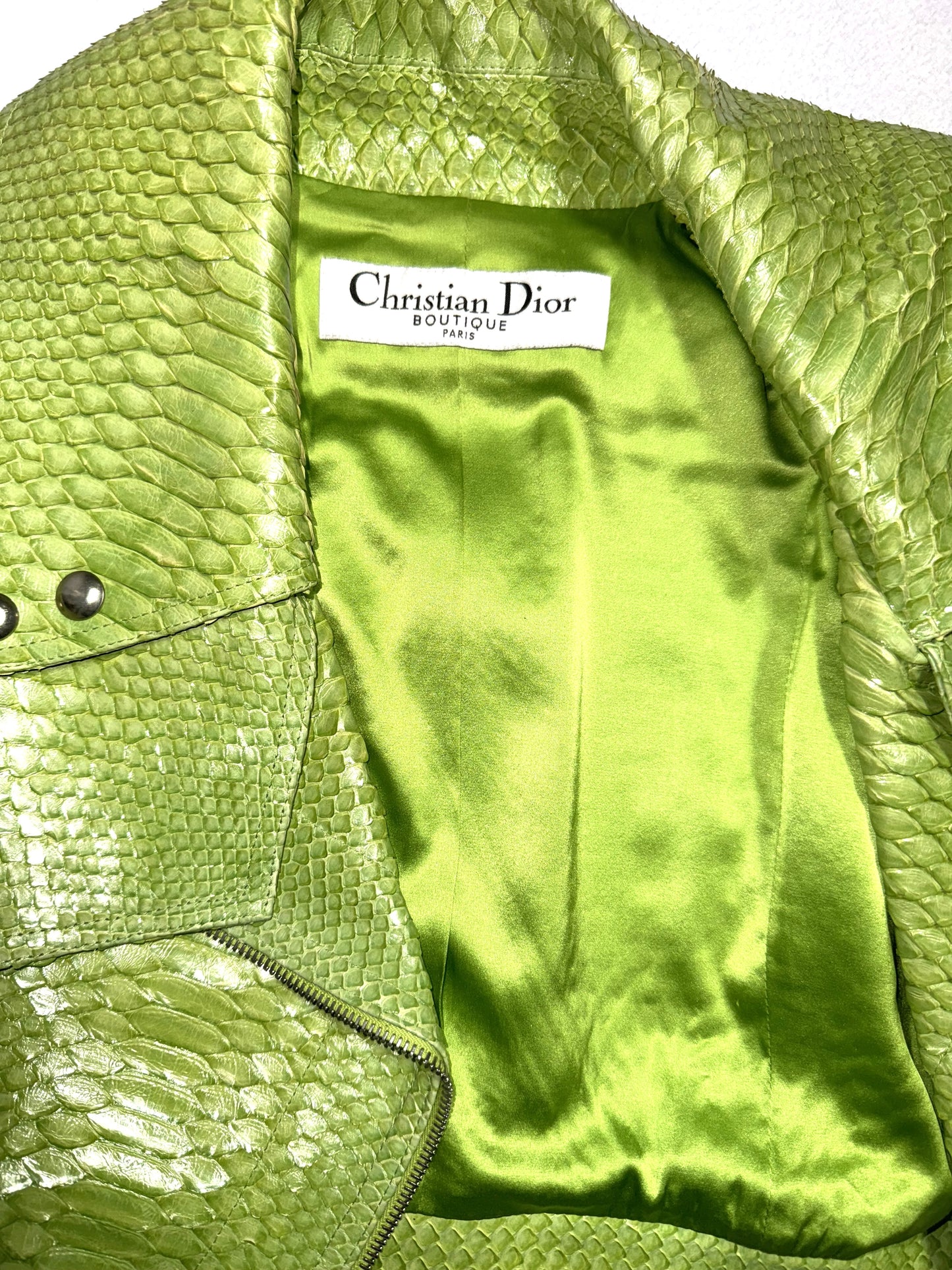 S/S 2004 Christian Dior x John Galliano Neon Green Python Snakeskin Cropped Biker Jacket