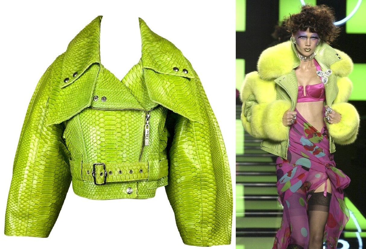 S/S 2004 Christian Dior x John Galliano Neon Green Python Snakeskin Cropped Biker Jacket