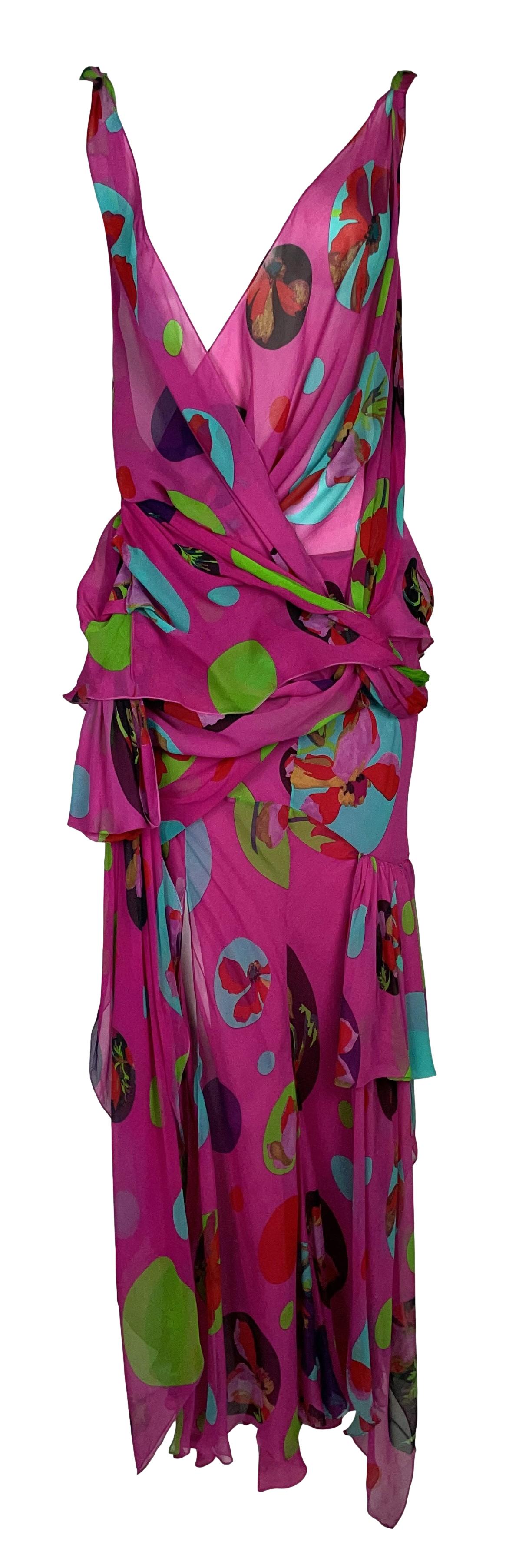 S/S 2004 Christian Dior by John Galliano Runway Sheer Hot Pink Silk Backless Maxi Dress