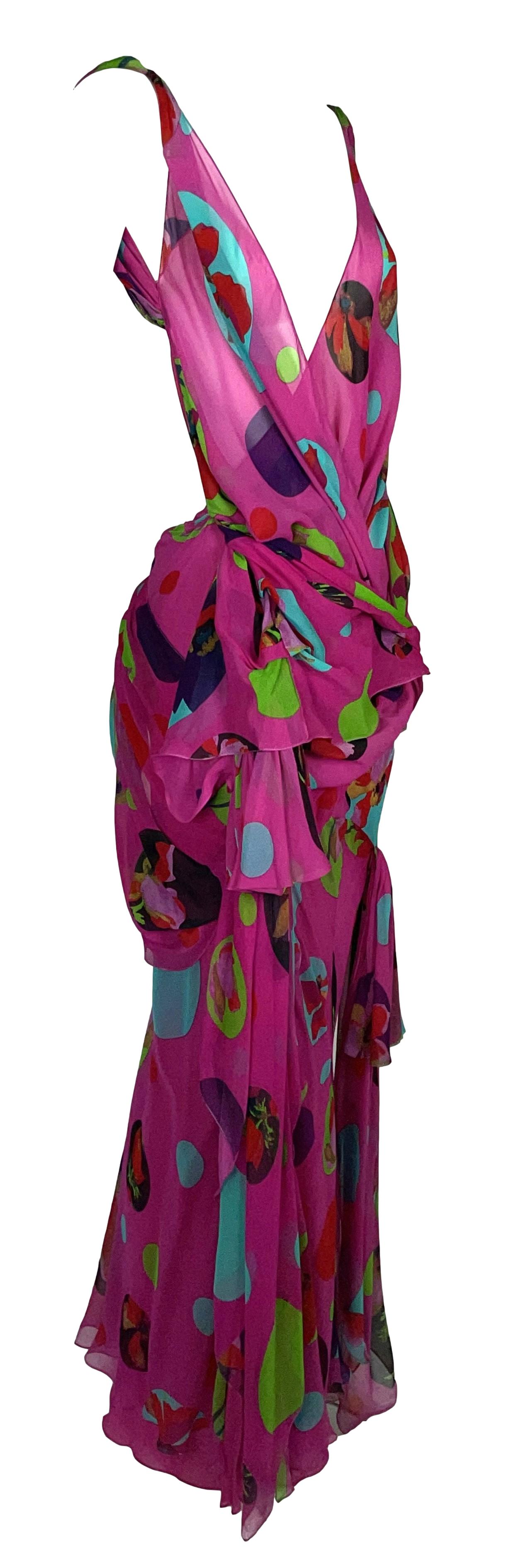 S/S 2004 Christian Dior by John Galliano Runway Sheer Hot Pink Silk Backless Maxi Dress
