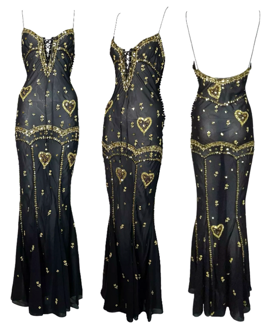 S/S 2004 Christian Dior by John Galliano Sheer Black & Gold Embellished Gypsy Maxi Dress