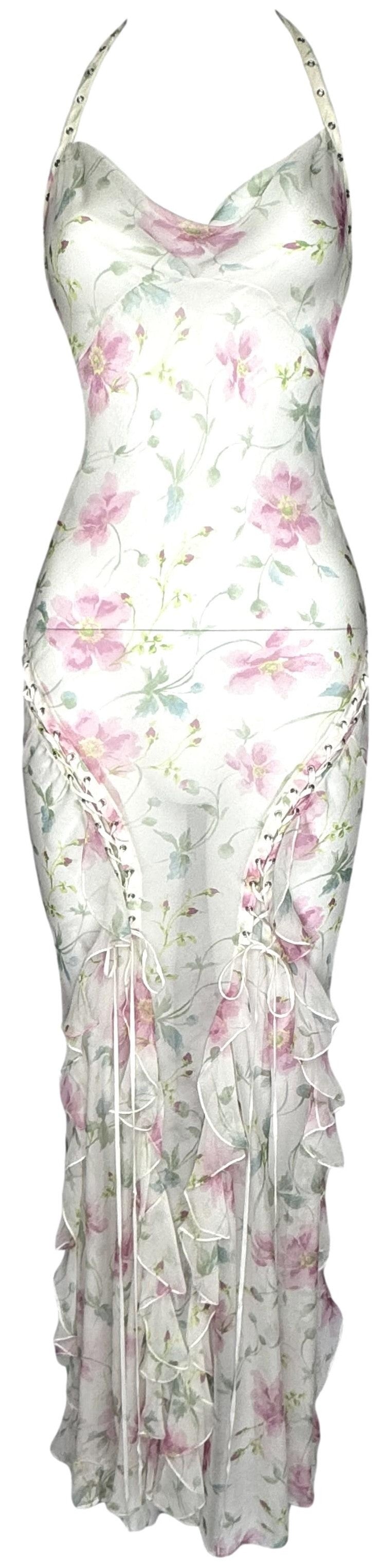 S/S 2004 Christian Dior x John Galliano Sheer Ivory Pink Roses Silk Halter Corset Ties Ruffle Maxi Dress