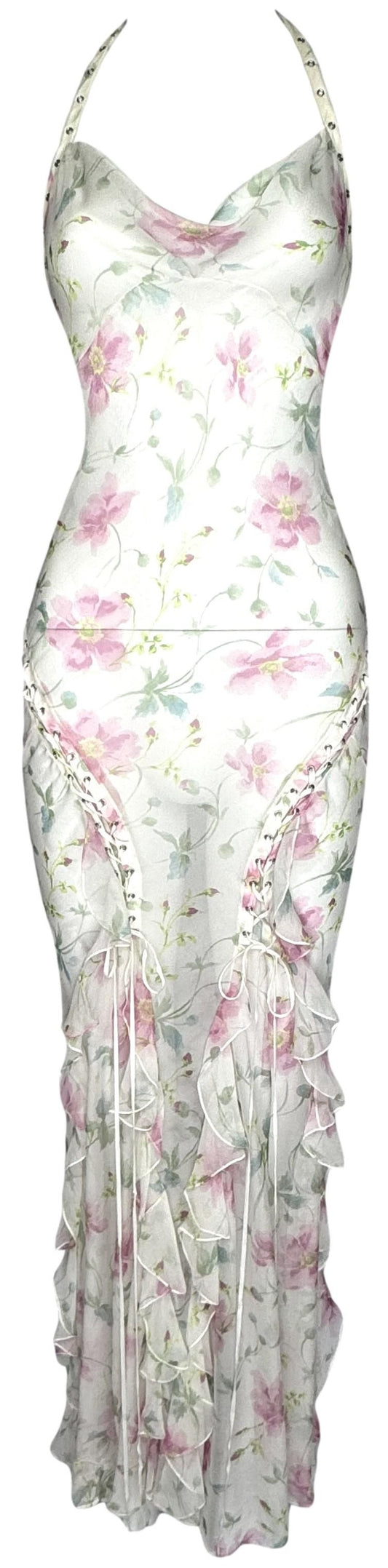 S/S 2004 Christian Dior x John Galliano Sheer Ivory Pink Roses Silk Halter Corset Ties Ruffle Maxi Dress