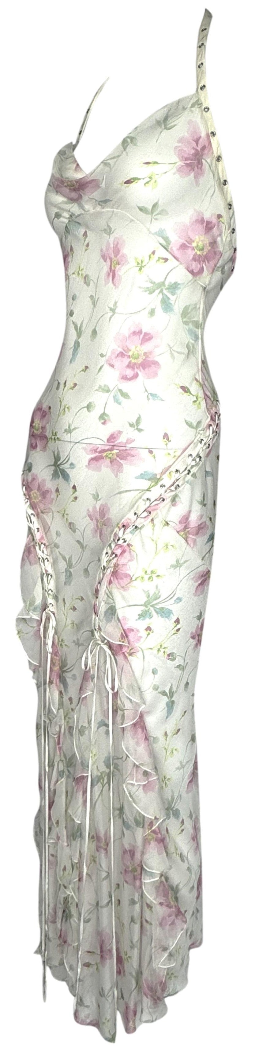 S/S 2004 Christian Dior x John Galliano Sheer Ivory Pink Roses Silk Halter Corset Ties Ruffle Maxi Dress
