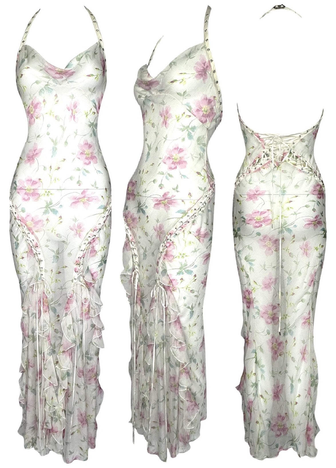 S/S 2004 Christian Dior x John Galliano Sheer Ivory Pink Roses Silk Halter Corset Ties Ruffle Maxi Dress