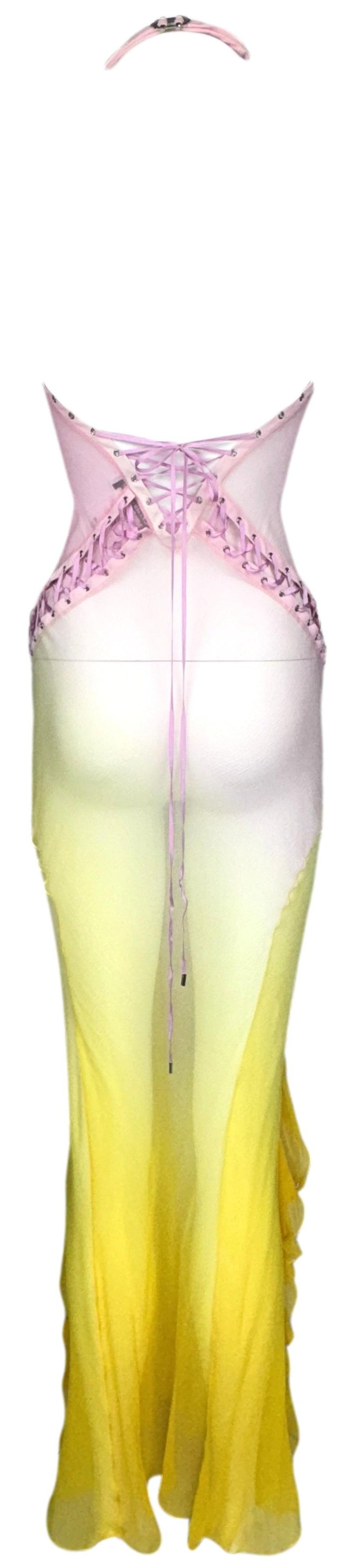 S/S 2004 Christian Dior x John Galliano Sheer Pink & Yellow Ombre Corset Ties Plunging Halter Ruffles Maxi Dress