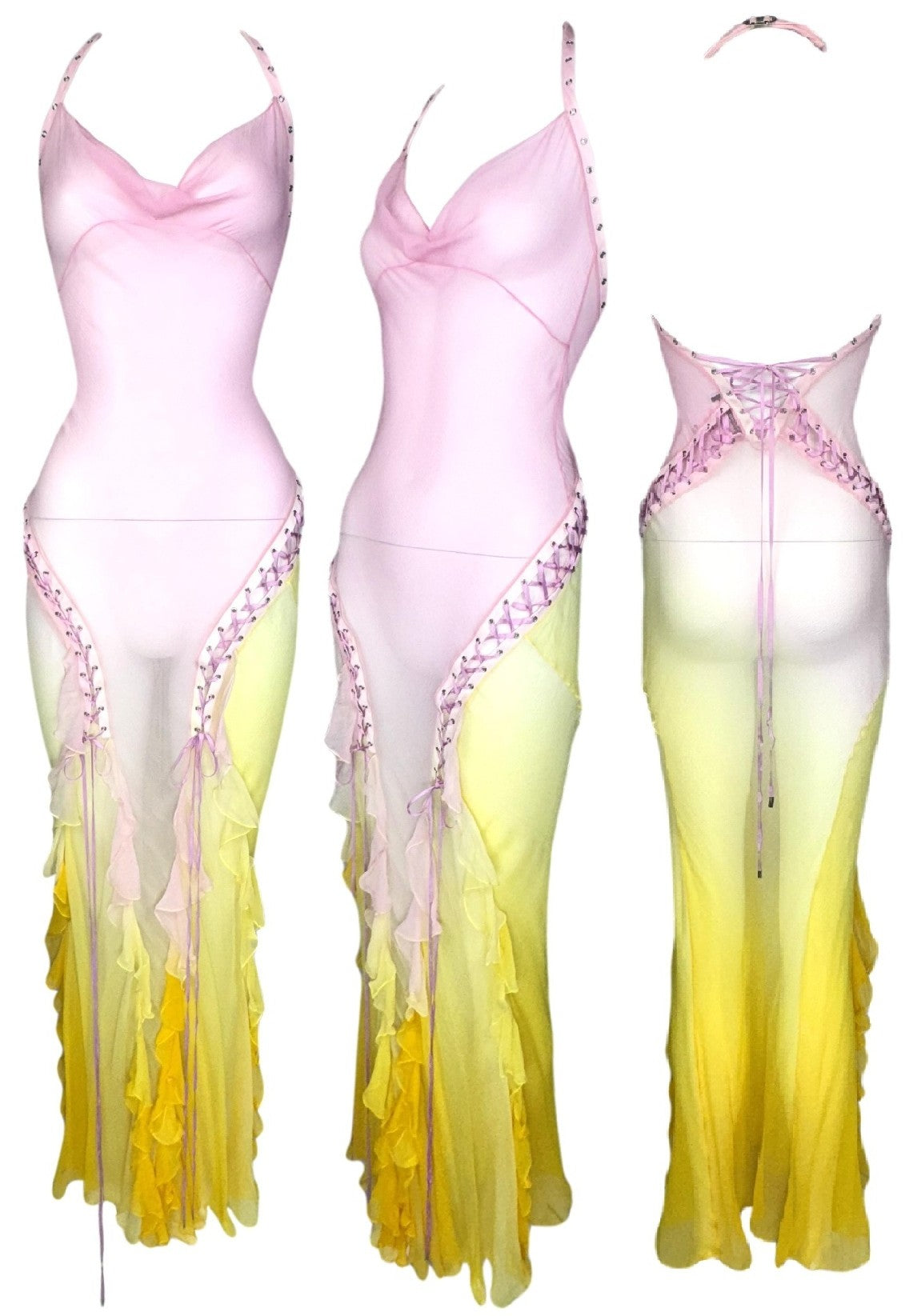 S/S 2004 Christian Dior x John Galliano Sheer Pink & Yellow Ombre Corset Ties Plunging Halter Ruffles Maxi Dress