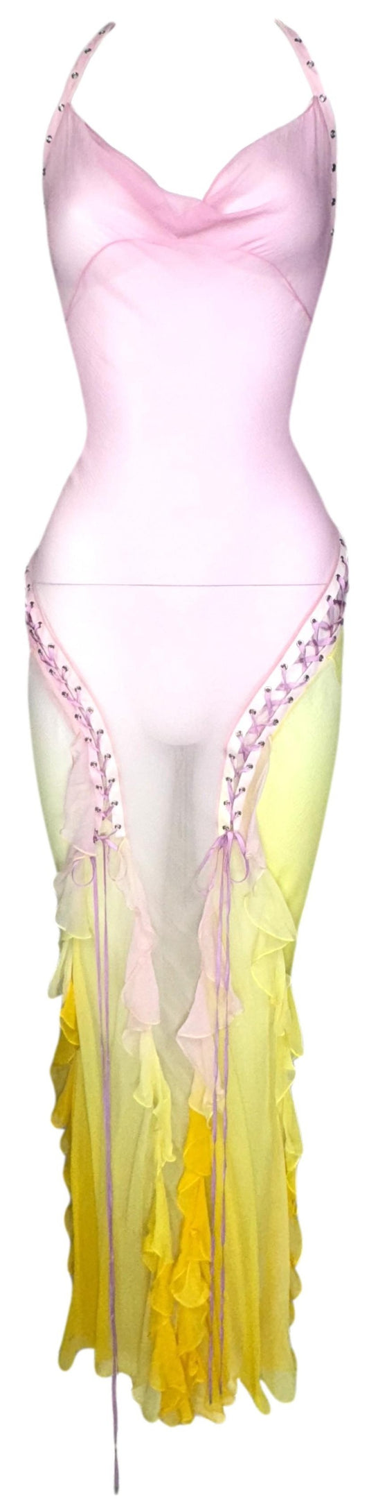 S/S 2004 Christian Dior x John Galliano Sheer Pink & Yellow Ombre Corset Ties Plunging Halter Ruffles Maxi Dress