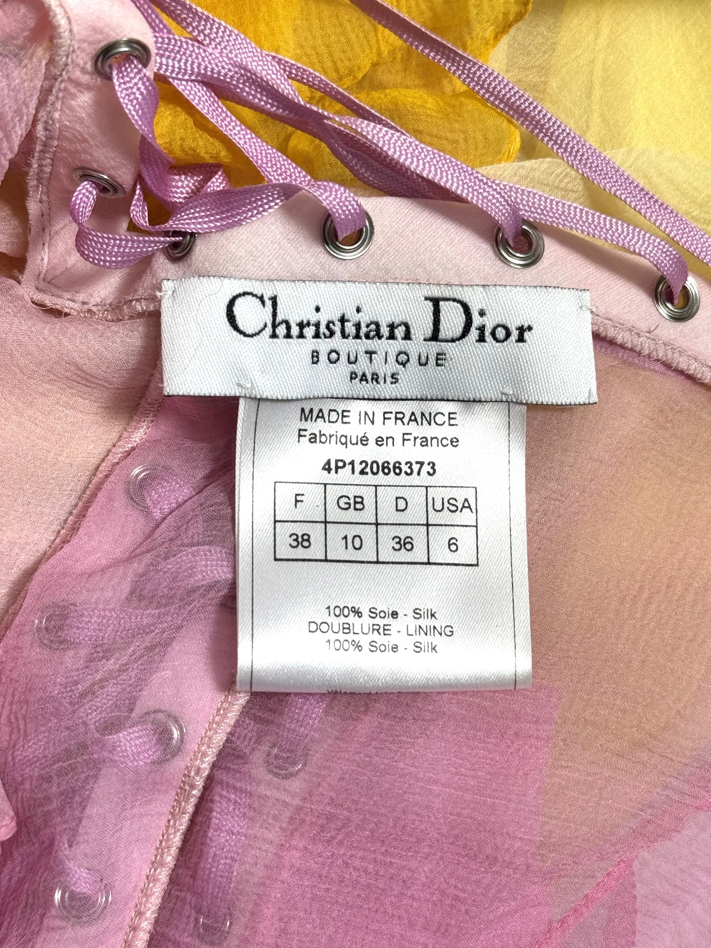 S/S 2004 Christian Dior x John Galliano Sheer Pink & Yellow Ombre Corset Ties Plunging Halter Ruffles Maxi Dress