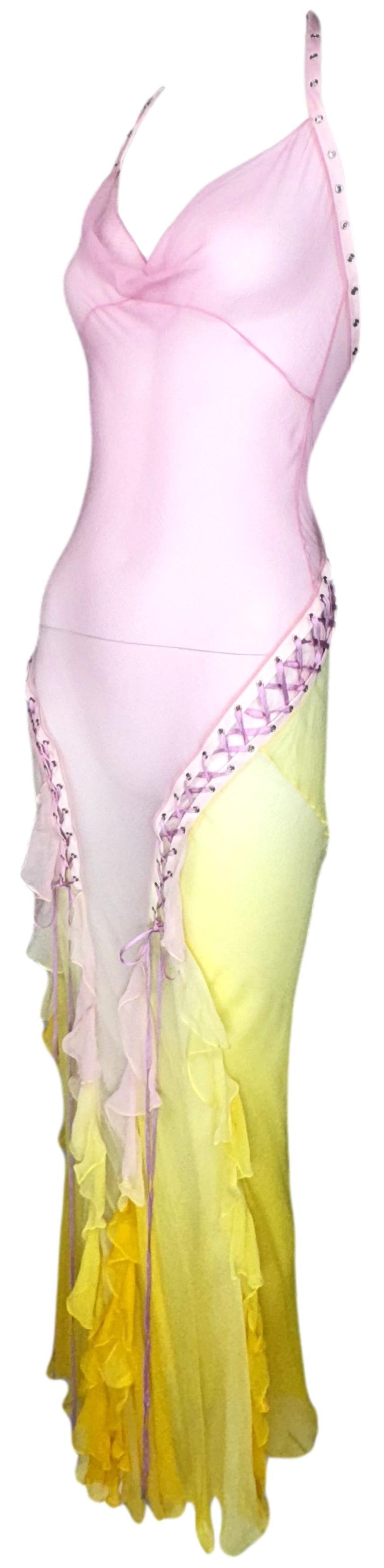 S/S 2004 Christian Dior x John Galliano Sheer Pink & Yellow Ombre Corset Ties Plunging Halter Ruffles Maxi Dress