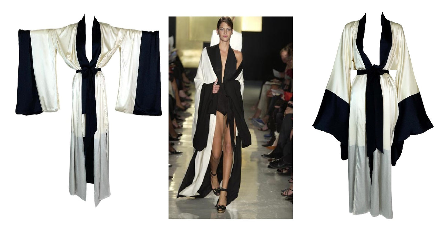 NWT S/S 2003 Donna Karan Runway Ivory & Black Silk Satin Kimono Dress Jacket