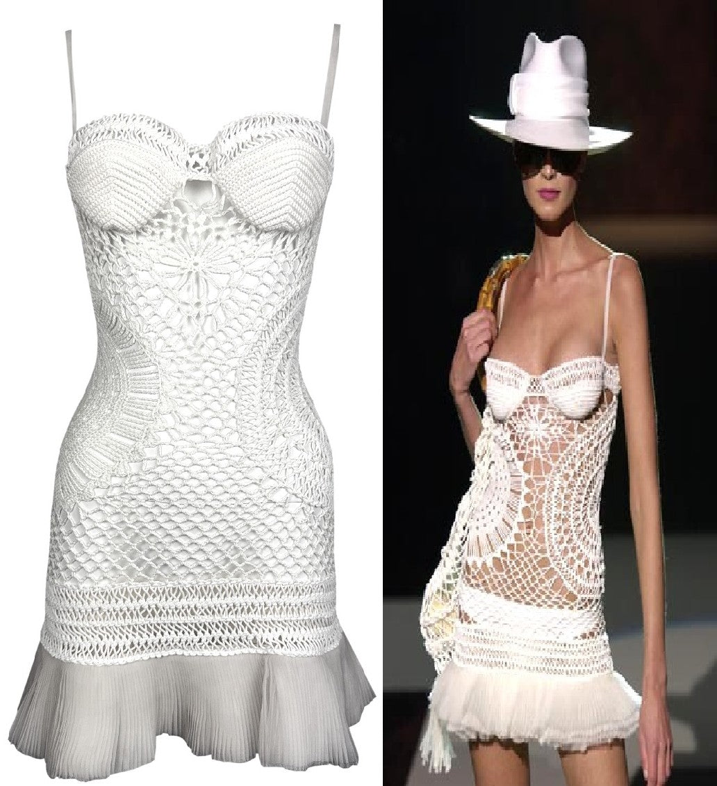 S/S 2004 Gianfranco Ferre Runway Sheer White Knit & Tulle Babydoll Ruffle Mini Dress