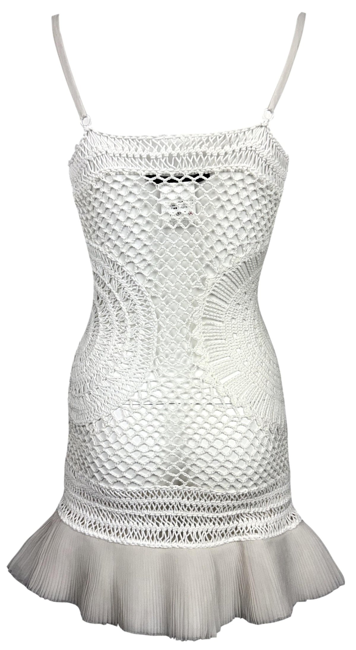 S/S 2004 Gianfranco Ferre Runway Sheer White Knit & Tulle Babydoll Ruffle Mini Dress