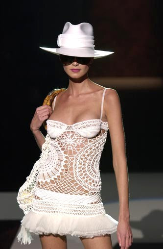 S/S 2004 Gianfranco Ferre Runway Sheer White Knit & Tulle Babydoll Ruffle Mini Dress
