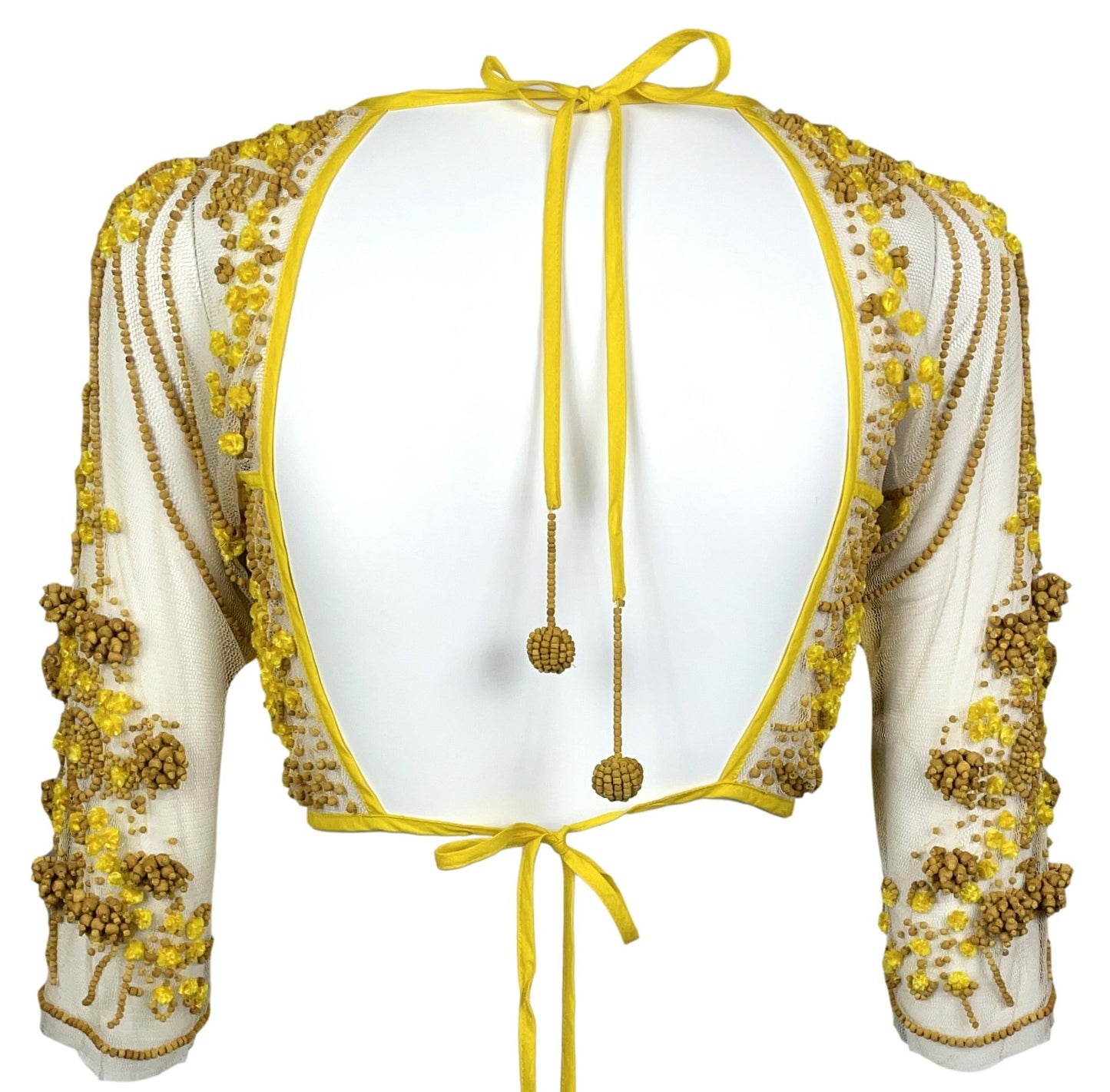 S/S 2004 Jean Paul Gaultier Runway Cone Bra Sheer Nude Mesh & Yellow Beaded Crop Top