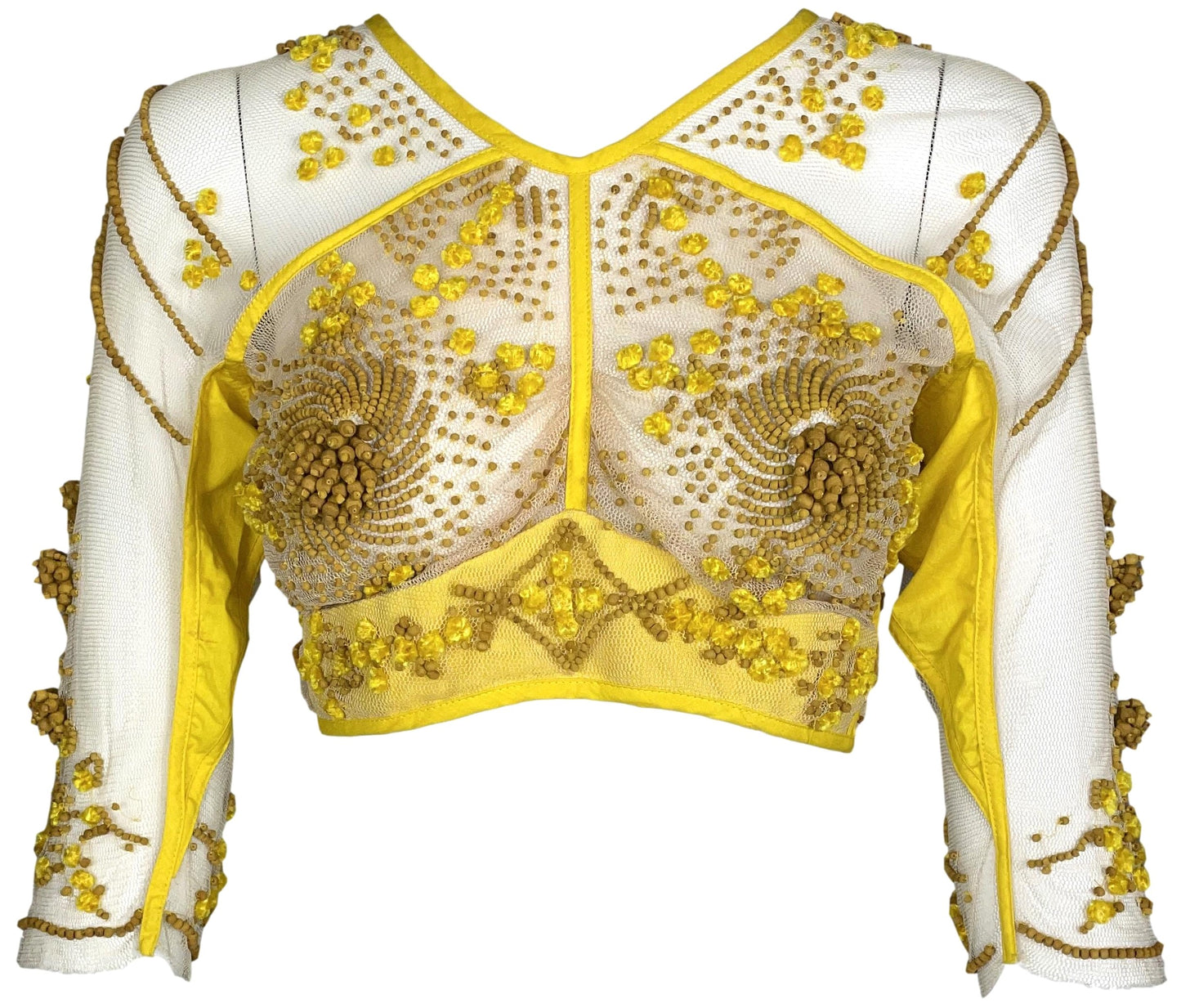 S/S 2004 Jean Paul Gaultier Runway Cone Bra Sheer Nude Mesh & Yellow Beaded Crop Top