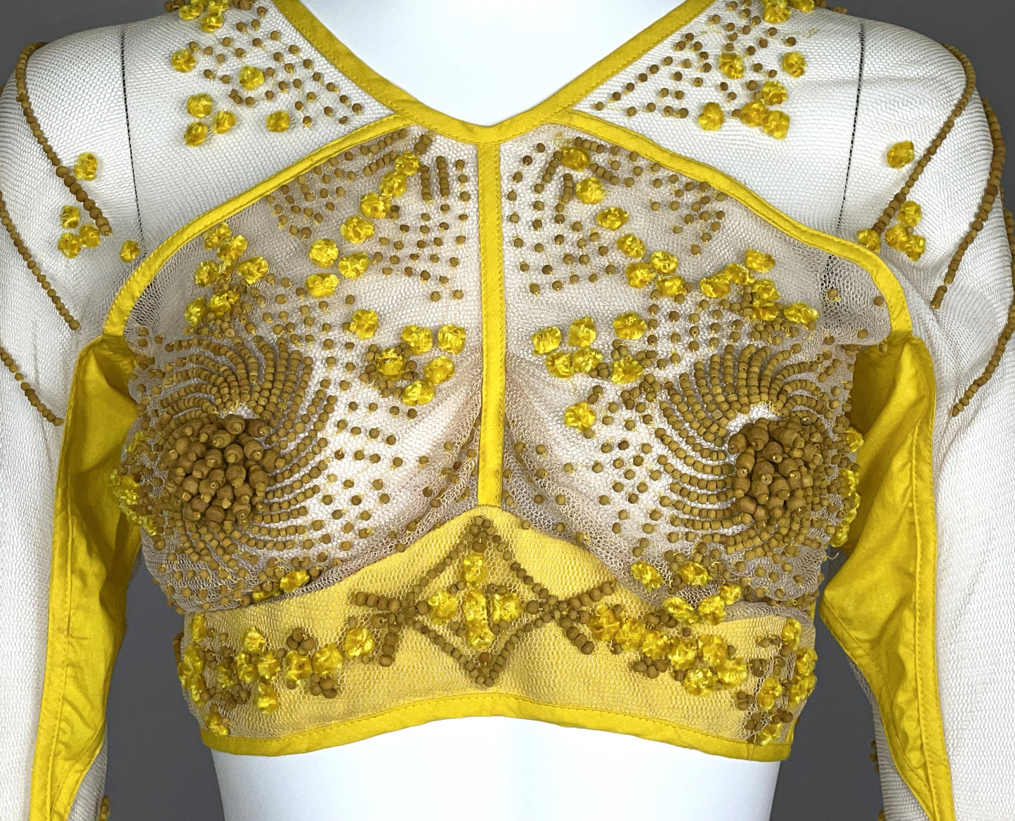 S/S 2004 Jean Paul Gaultier Runway Cone Bra Sheer Nude Mesh & Yellow Beaded Crop Top