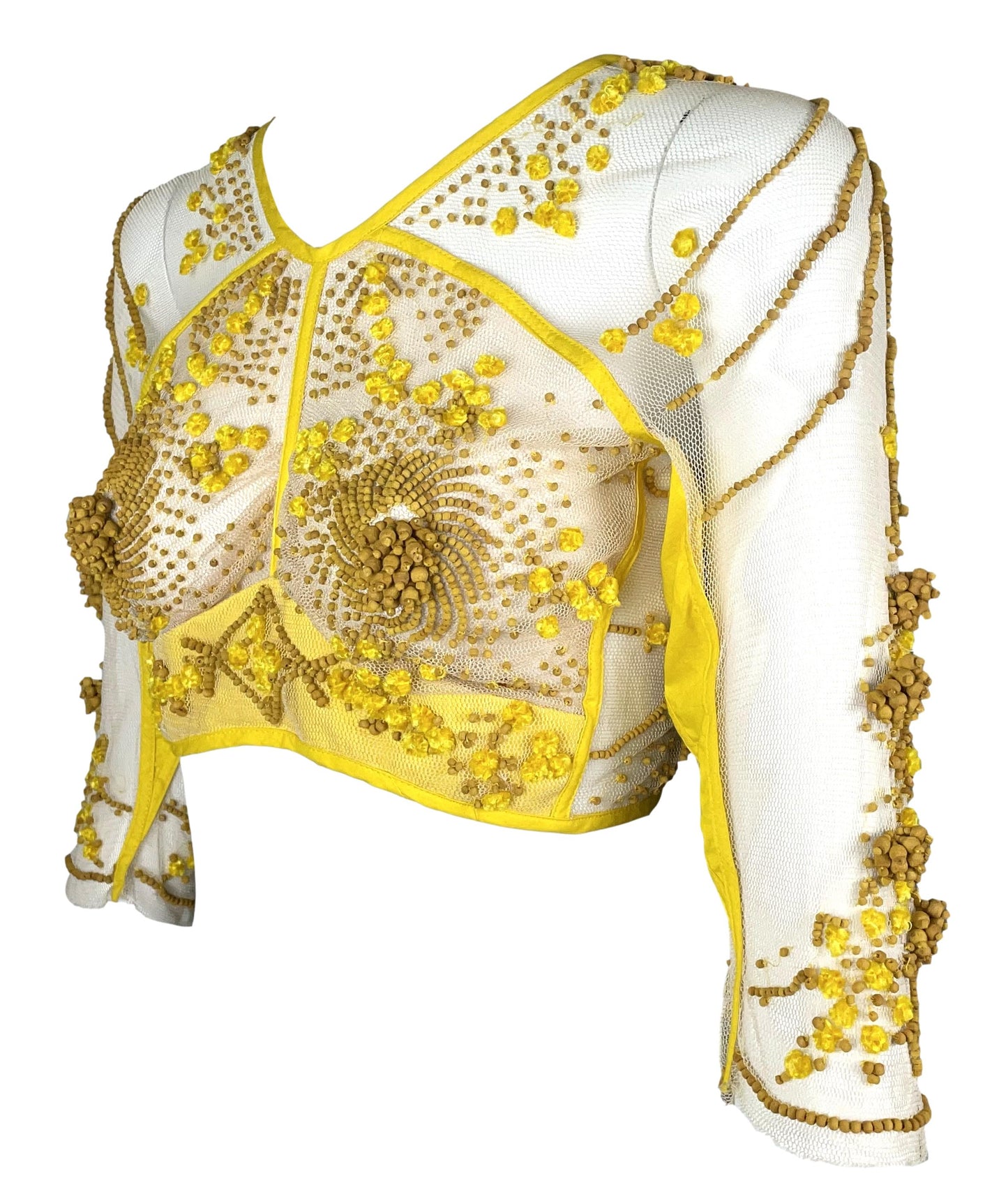 S/S 2004 Jean Paul Gaultier Runway Cone Bra Sheer Nude Mesh & Yellow Beaded Crop Top