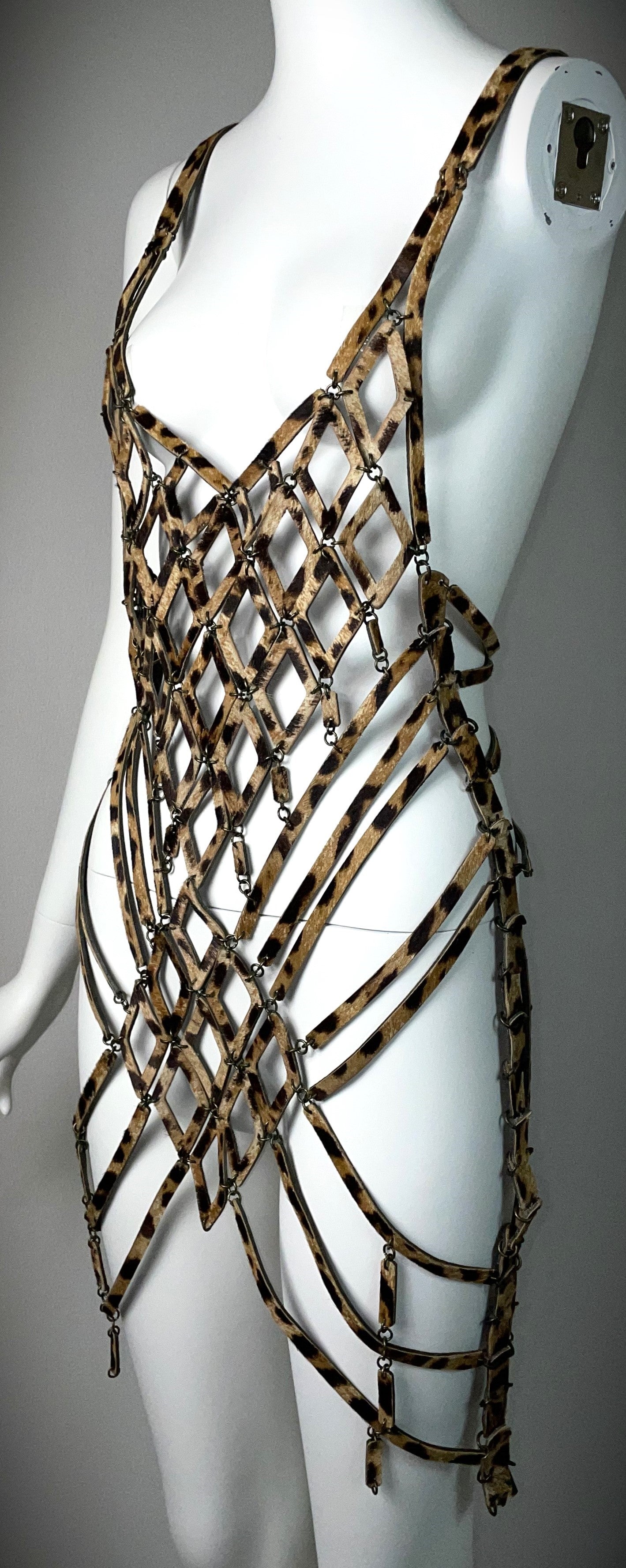 S/S 2004 Roberto Cavalli Runway Pony Fur Leather Harness Tunic Mini Dress