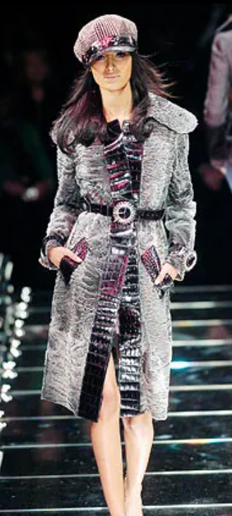 F/W 2005 Dolce & Gabbana Runway Silver Broadtail Fox Fur & Crocodile Long Crystal Coat