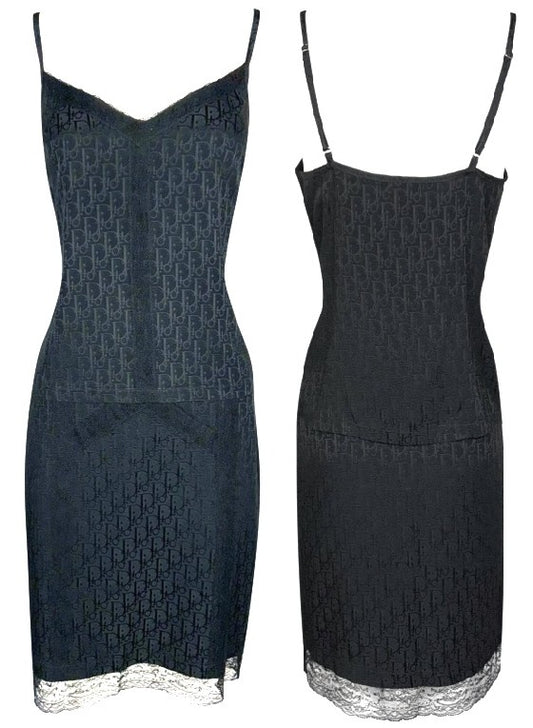 2005 Christian Dior x John Galliano Black Logo Trotter Monogram Lace Trim Top & Skirt Set