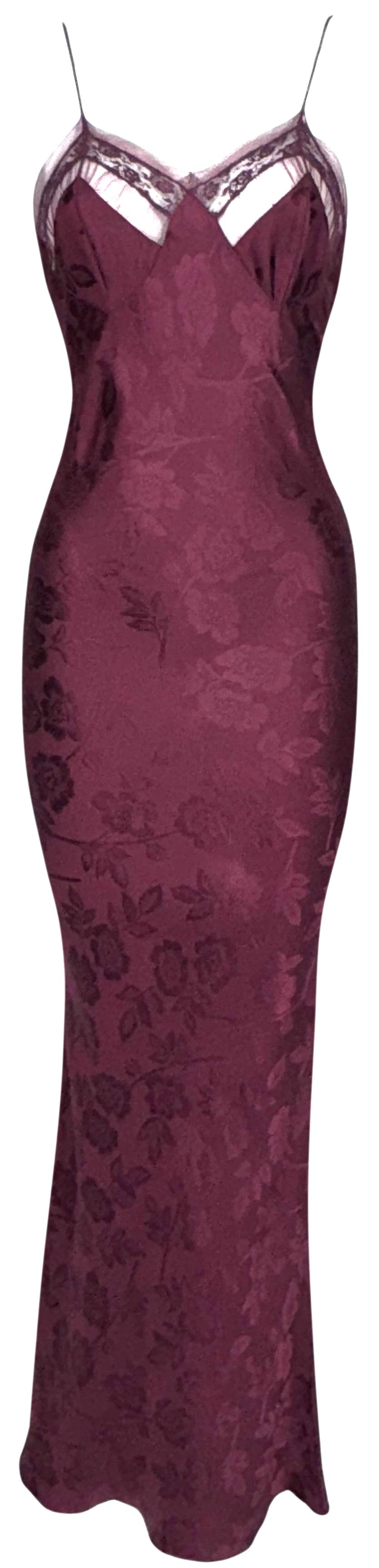 2005 Christian Dior x John Galliano Sexy Burgundy Silk Brocade Lace & Mesh Sheer Chest Lingerie Style Mermaid Maxi Dress