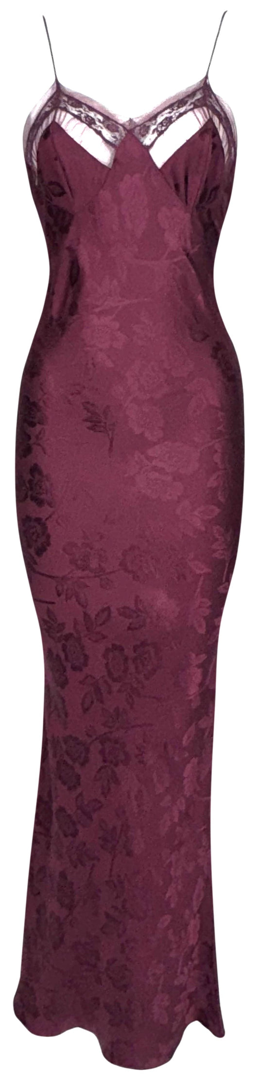 2005 Christian Dior x John Galliano Sexy Burgundy Silk Brocade Lace & Mesh Sheer Chest Lingerie Style Mermaid Maxi Dress