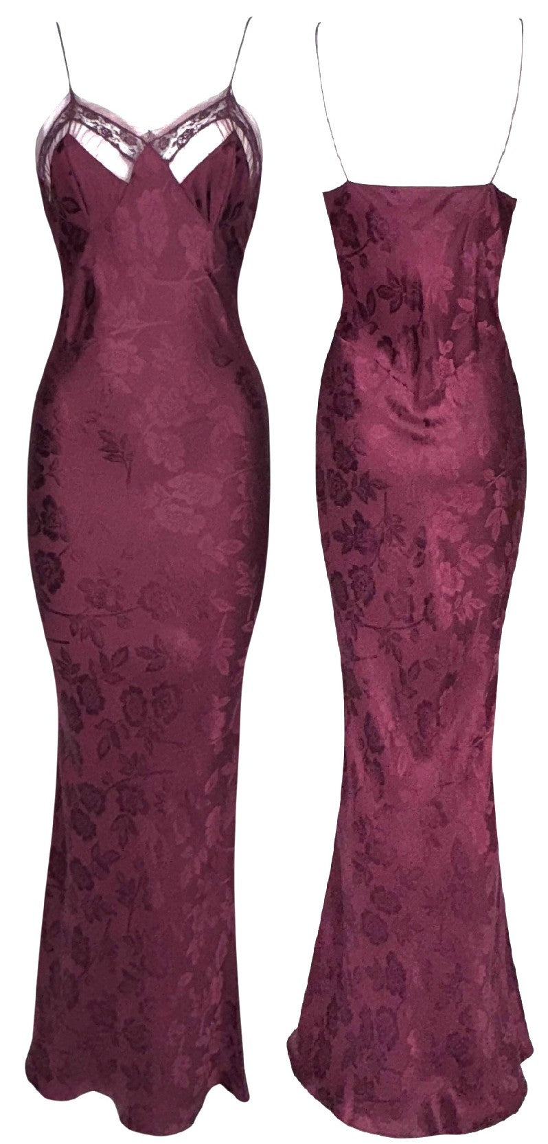 2005 Christian Dior x John Galliano Sexy Burgundy Silk Brocade Lace & Mesh Sheer Chest Lingerie Style Mermaid Maxi Dress