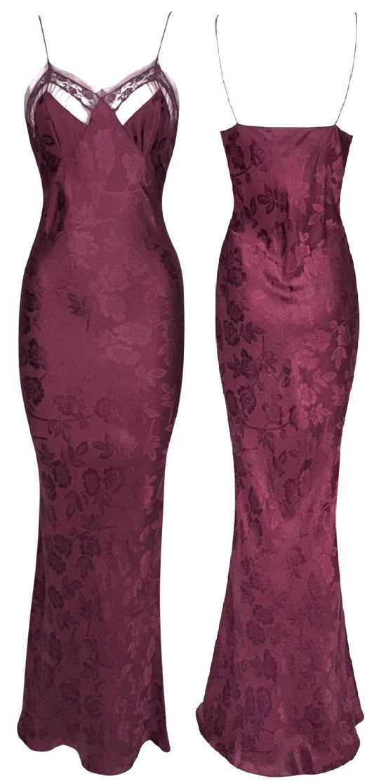2005 Christian Dior x John Galliano Sexy Burgundy Silk Brocade Lace & Mesh Sheer Chest Lingerie Style Mermaid Maxi Dress