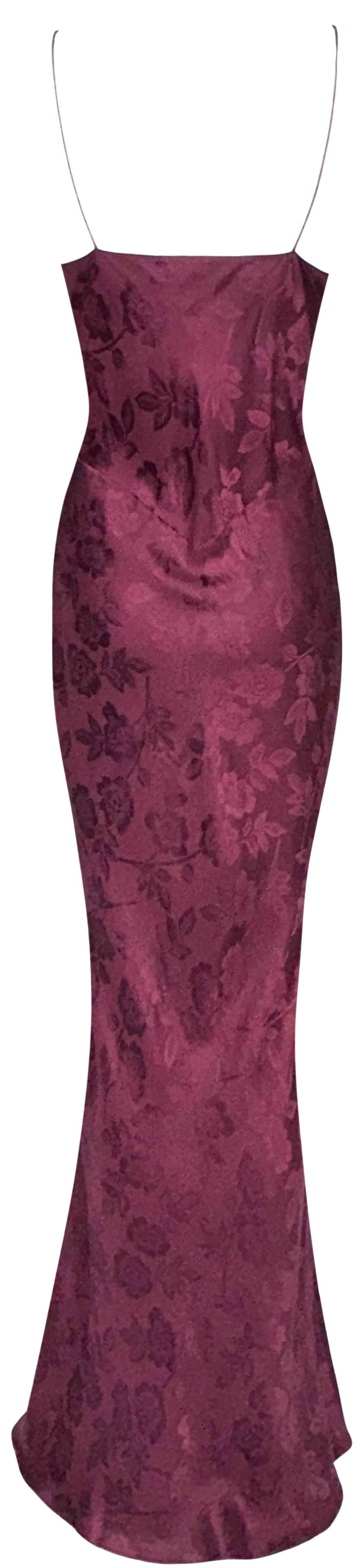 2005 Christian Dior x John Galliano Sexy Burgundy Silk Brocade Lace & Mesh Sheer Chest Lingerie Style Mermaid Maxi Dress