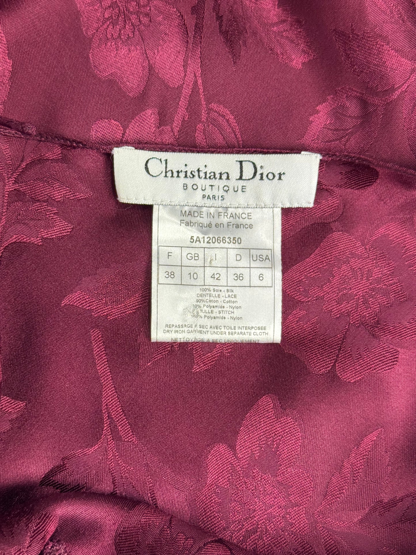 2005 Christian Dior x John Galliano Sexy Burgundy Silk Brocade Lace & Mesh Sheer Chest Lingerie Style Mermaid Maxi Dress