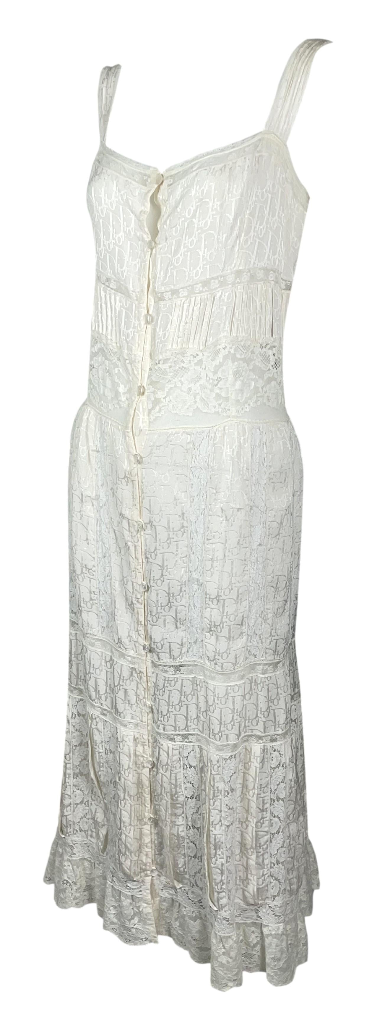 2005 Christian Dior by John Galliano Ivory Silk Logo Trotter Prairie Boho Chic Lace Dress
