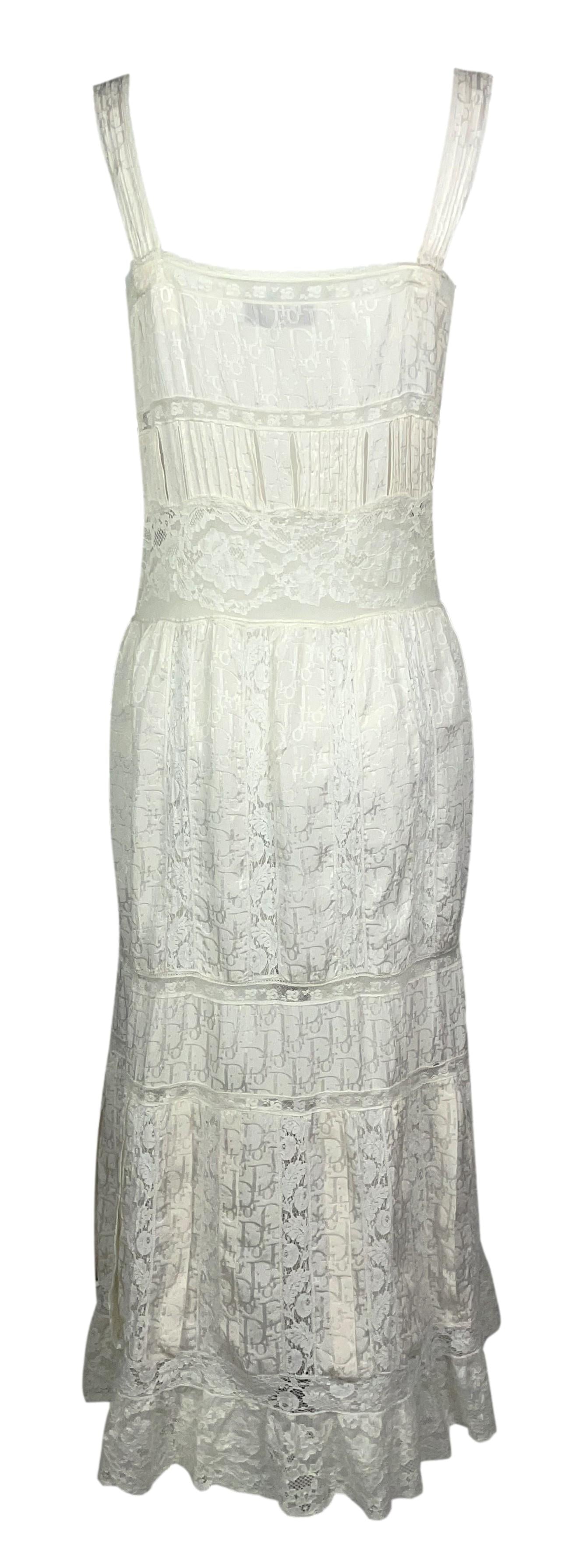2005 Christian Dior by John Galliano Ivory Silk Logo Trotter Prairie Boho Chic Lace Dress