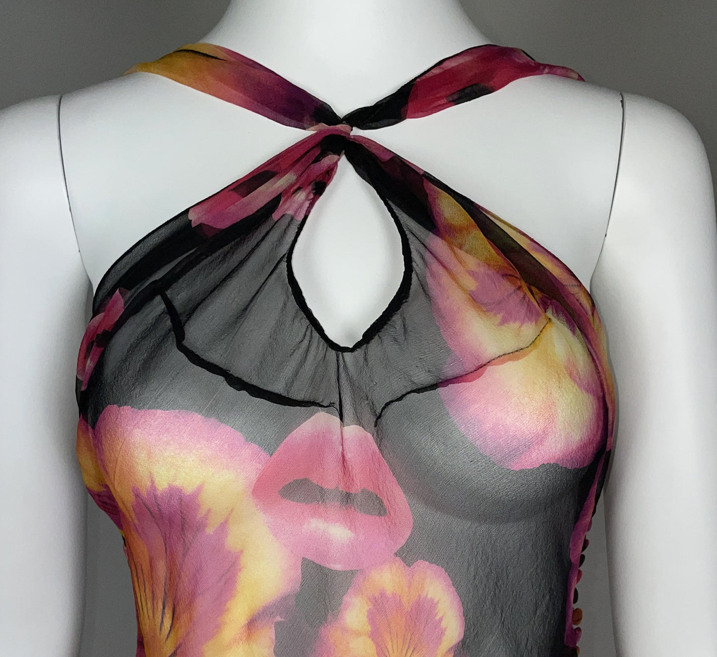 S/S 2005 Christian Dior by John Galliano Sheer Black Silk Lips Flower Ruffle Dress