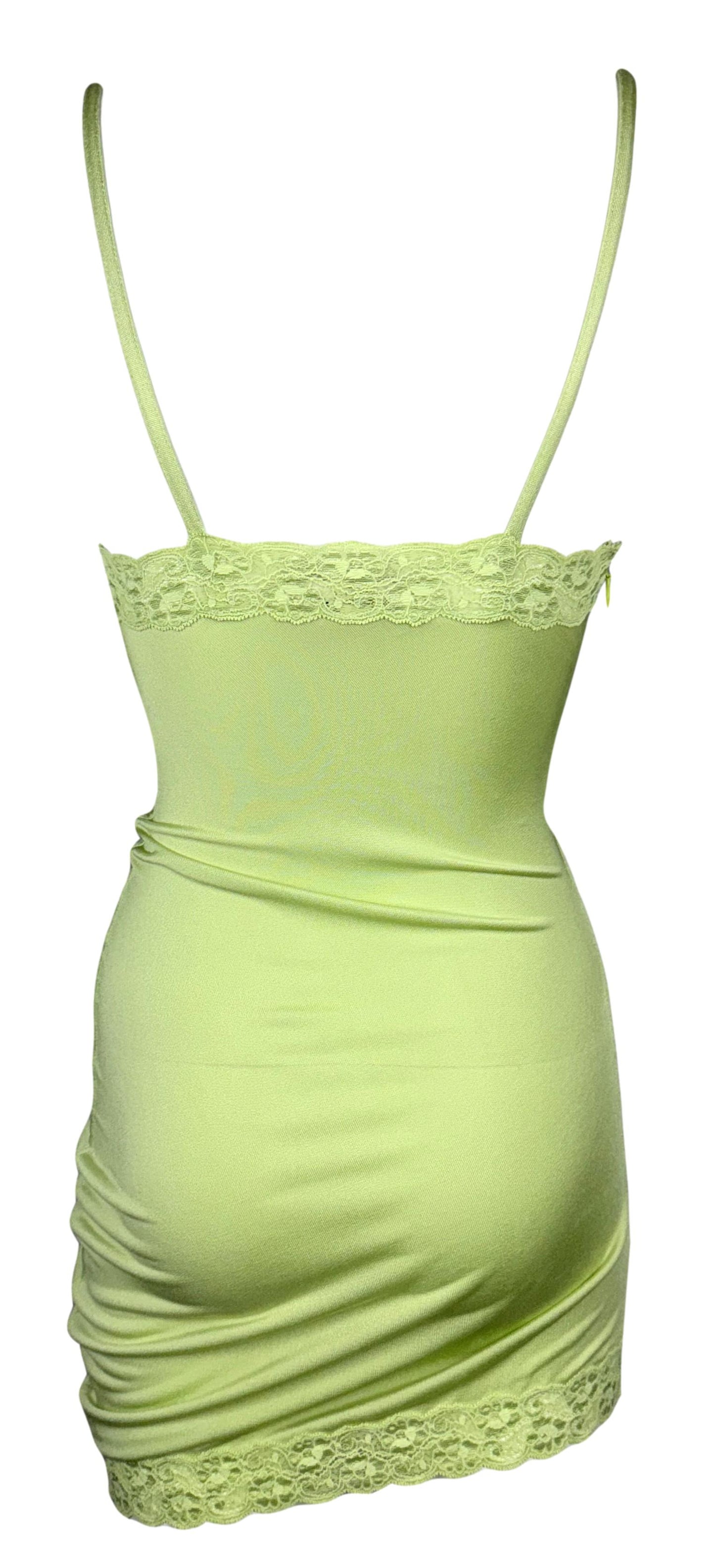 S/S 2005 Christian Dior by John Galliano Sheer Pastel Green Asymmetrical Mini Dress w Lace Trim