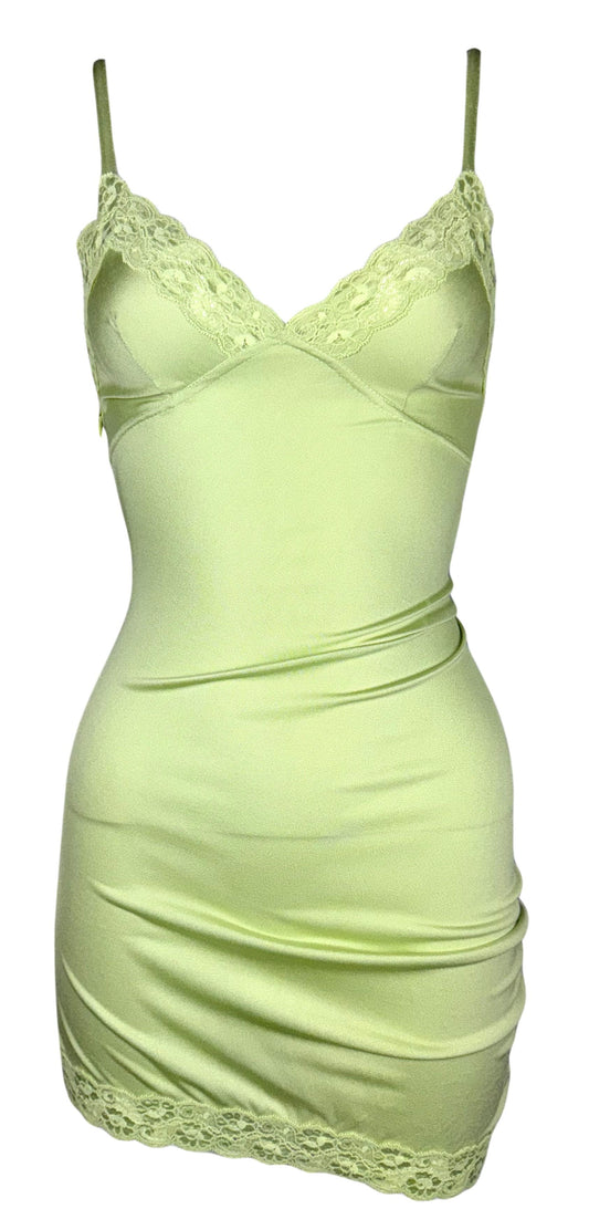 S/S 2005 Christian Dior by John Galliano Sheer Pastel Green Asymmetrical Mini Dress w Lace Trim