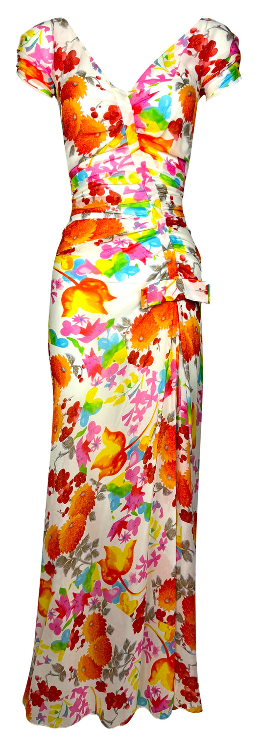 S/S 2005 Christian Dior by John Galliano 1950's Style Ruched Floral Silk Maxi Dress w Bows