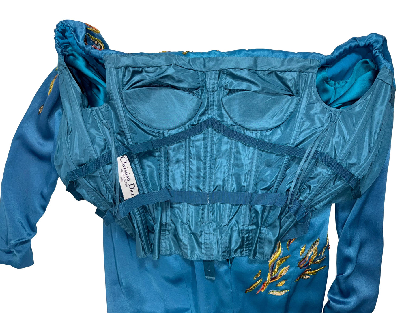 F/W 2005 Christian Dior by John Galliano Haute Couture Gold Embellished Off Shoulder Blue Satin Dress