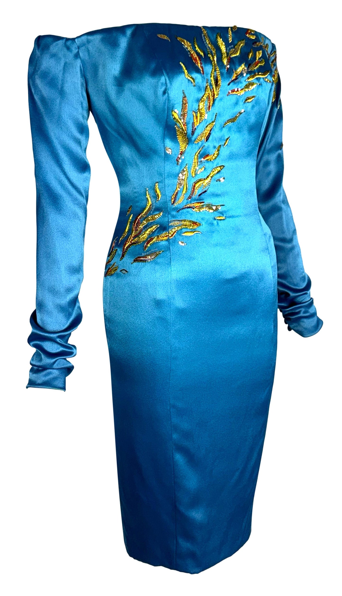 F/W 2005 Christian Dior by John Galliano Haute Couture Gold Embellished Off Shoulder Blue Satin Dress