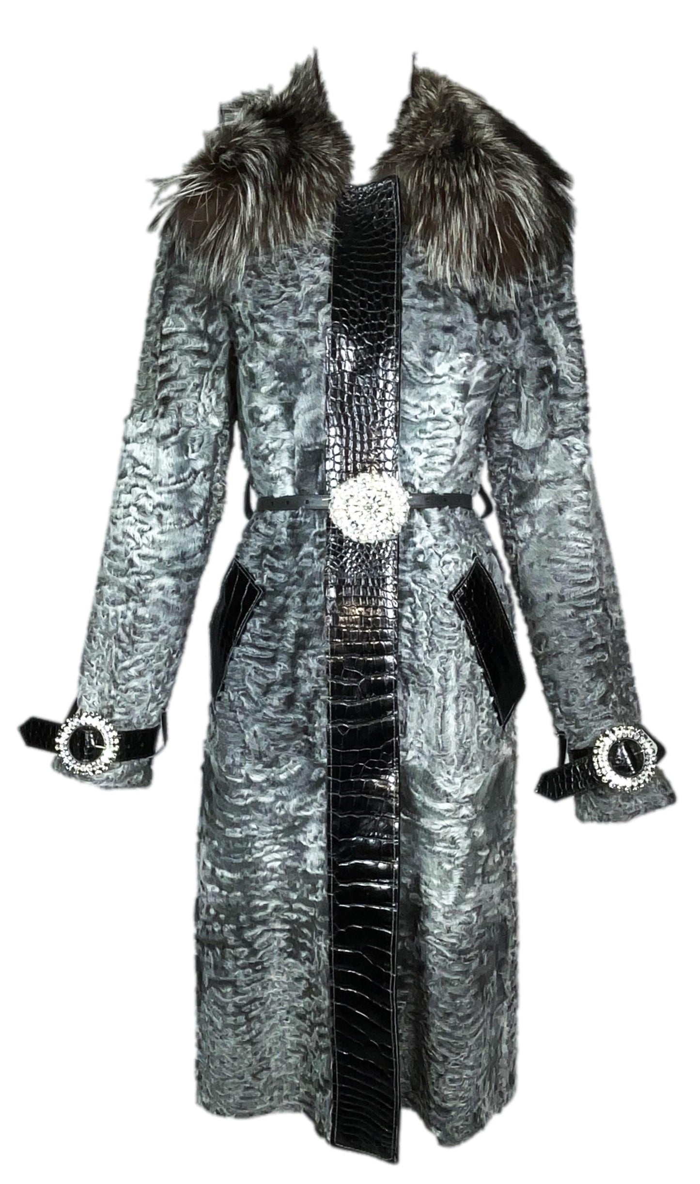 F/W 2005 Dolce & Gabbana Runway Silver Broadtail Fox Fur & Crocodile Long Crystal Coat