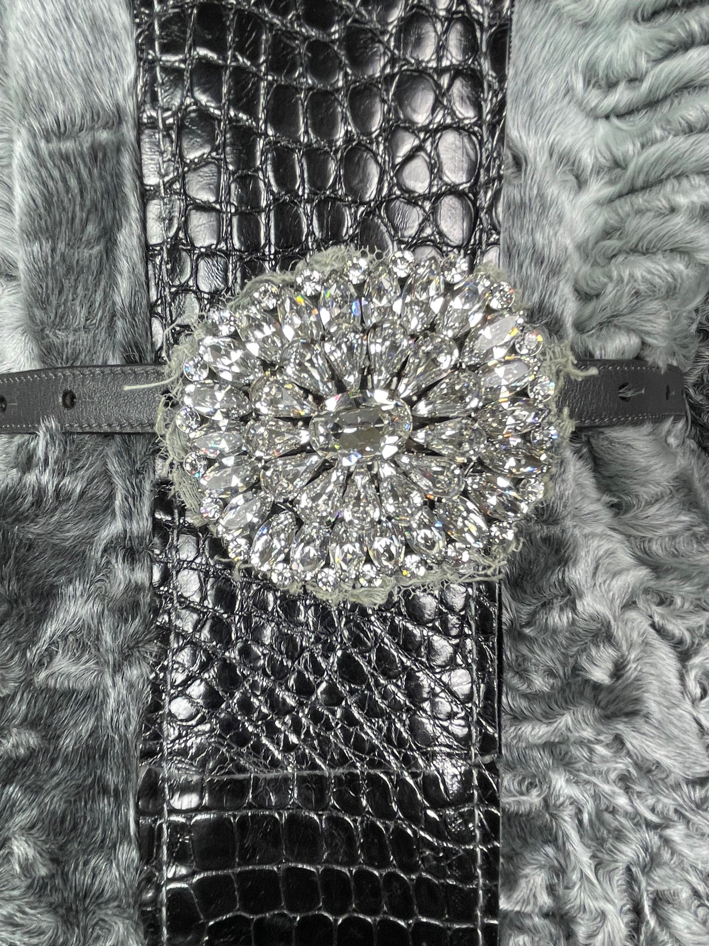 F/W 2005 Dolce & Gabbana Runway Silver Broadtail Fox Fur & Crocodile Long Crystal Coat