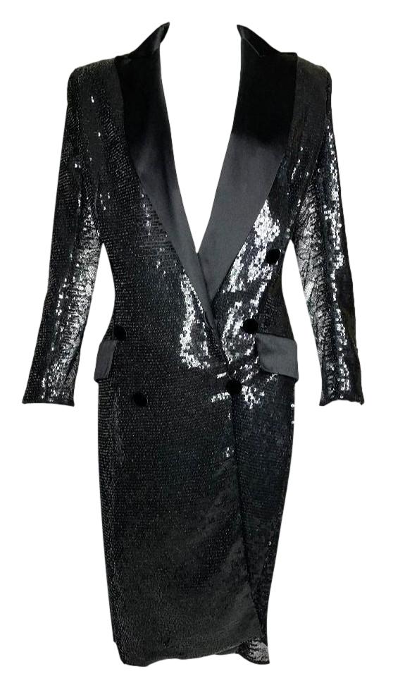 F/W 2005 Roberto Cavalli Runway Black Sequin Sheer Lace Sides Tuxedo Dress