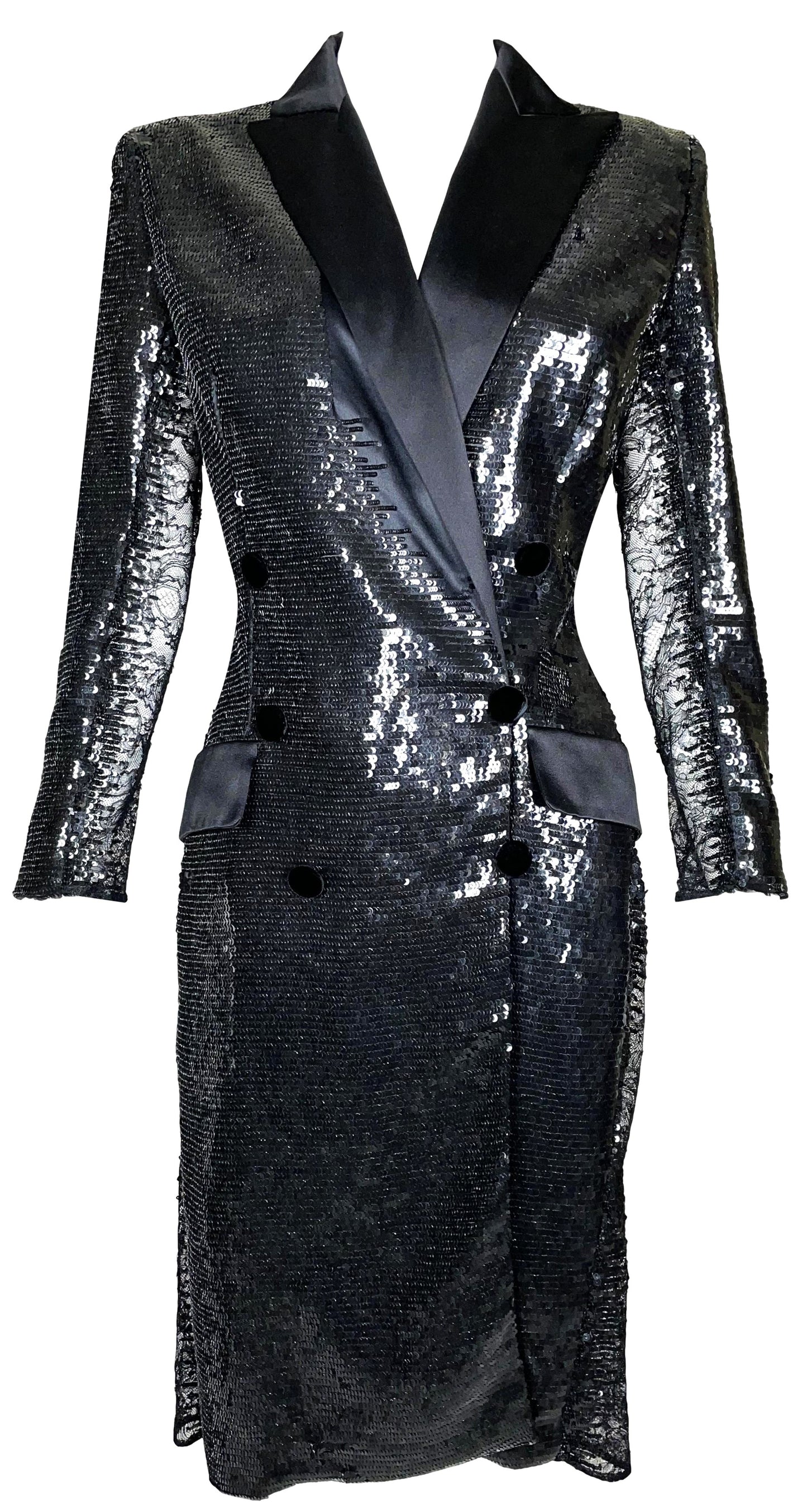 F/W 2005 Roberto Cavalli Runway Black Sequin Sheer Lace Sides Tuxedo Dress